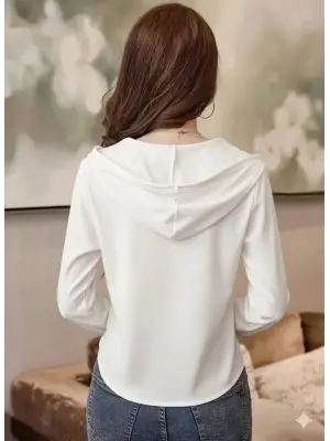 Kadın Uzun Kollu Kapşonlu Bağcıklı Düğmeli Viskon Iki Iplik Bluz