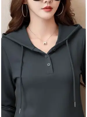 Kadın Uzun Kollu Kapşonlu Bağcıklı Düğmeli Viskon Iki Iplik Füme Bluz