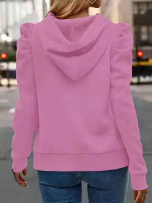 Kadın Uzun Kollu Kapşonlu Bağcıklı Kollarda Büzgü Detaylı Iki Iplik Bluz