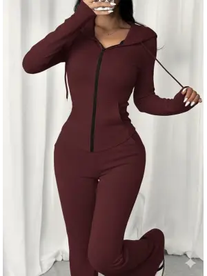 Kadın Uzun Kollu Kapşonlu Bağcıklı önü Fermuarlı Viskon Iki Iplik Bluz Ve Pantolon Ikili Takım