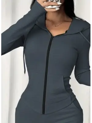 Kadın Uzun Kollu Kapşonlu Bağcıklı önü Fermuarlı Viskon Iki Iplik Bluz Ve Pantolon Ikili Takım