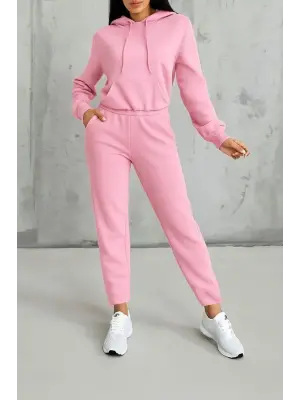 Kadın Uzun Kollu Kapşonlu Bağcıklı üç Iplik Bluz Ve Pantolon Ikili Takım