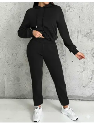 Kadın Uzun Kollu Kapşonlu Bağcıklı üç Iplik Bluz Ve Pantolon Ikili Takım