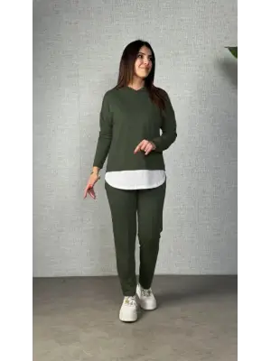 Kadın Uzun Kollu Kapşonlu Bağcıklı Viskon Iki Iplik Bluz Ve Pantolon Ikili Takım