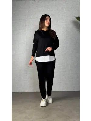 Kadın Uzun Kollu Kapşonlu Bağcıklı Viskon Iki Iplik Bluz Ve Pantolon Ikili Takım