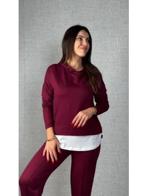 Kadın Uzun Kollu Kapşonlu Bağcıklı Viskon Iki Iplik Bluz Ve Pantolon Ikili Takım