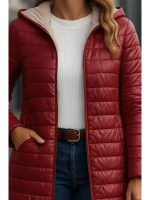 Kadın Uzun Kollu Kapşonlu Cep Detaylı Fermuarlı Orta Boy Mont