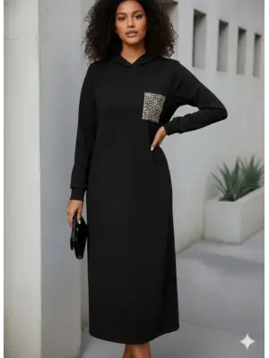 Kadın Uzun Kollu Kapşonlu Cep Detaylı Viskon Iki Iplik Maxi Elbise