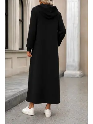 Kadın Uzun Kollu Kapşonlu Cep Detaylı Viskon Iki Iplik Maxi Elbise