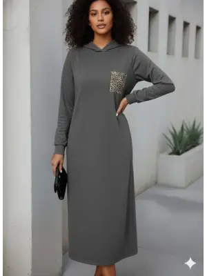 Kadın Uzun Kollu Kapşonlu Cep Detaylı Viskon Iki Iplik Maxi Elbise