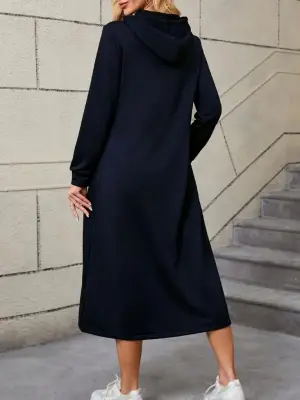 Kadın Uzun Kollu Kapşonlu Cep Detaylı Viskon Iki Iplik Maxi Elbise