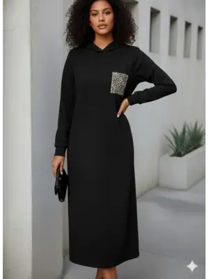 Kadın Uzun Kollu Kapşonlu Cep Detaylı Viskon Iki Iplik Maxi Elbise