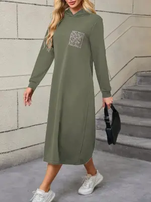 Kadın Uzun Kollu Kapşonlu Cep Detaylı Viskon Iki Iplik Maxi Elbise