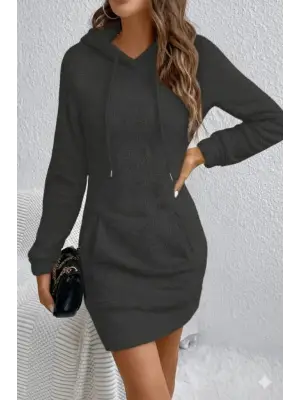 Kadın Uzun Kollu Kapşonlu Cepli Mini Peluş Elbise