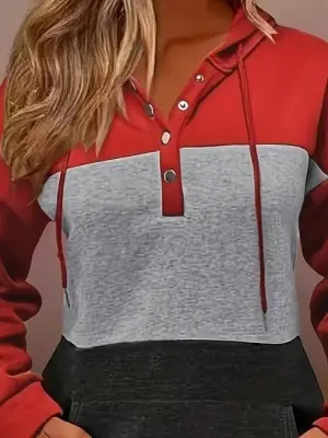 Kadın Uzun Kollu Kapşonlu çok Renkli Iki Iplik Bluz