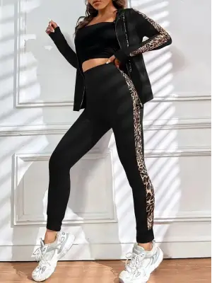 Kadın Uzun Kollu Kapşonlu Fermuarlı Bağcıklı Viskon Iki Iplik Bluz Ve Pantolon Tayt