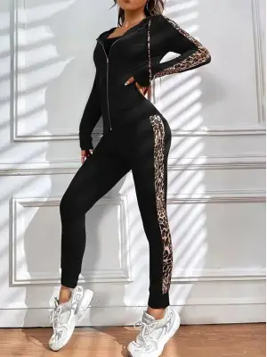 Kadın Uzun Kollu Kapşonlu Fermuarlı Bağcıklı Viskon Iki Iplik Bluz Ve Pantolon Tayt