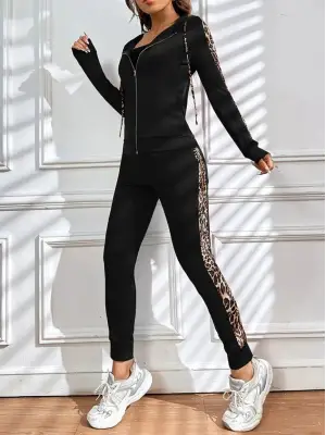 Kadın Uzun Kollu Kapşonlu Fermuarlı Bağcıklı Viskon Iki Iplik Bluz Ve Pantolon Tayt