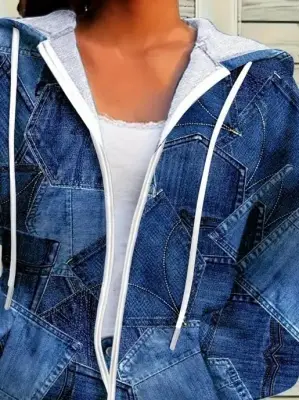 Kadın Uzun Kollu Kapşonlu Fermuarlı Kot Desenli Bağcıklı Modal Ceket