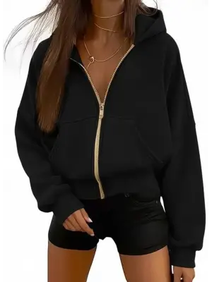 Çarpıcı Kadın Fermuarlı Kapşonlu İki İplik Ceket