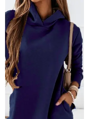 Kadın Uzun Kollu Kapşonlu Kısa Iki Iplik Elbise