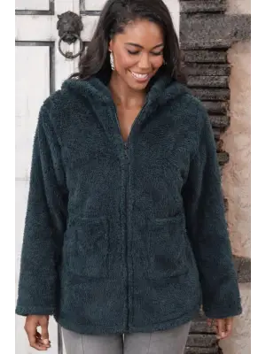 Kadın Uzun Kollu Kapşonlu önden Fermuarlı Cepli Welsoft Ceket