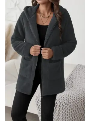 Kadın Uzun Kollu Kapşonlu önden Fermuarlı Cepli Welsoft Ceket