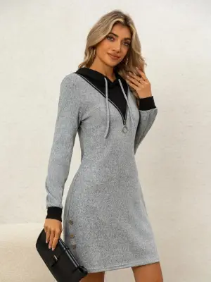 Kadın Uzun Kollu Kapşonlu önden Fermuarlı Düğmeli Mini Iki Iplik Elbise