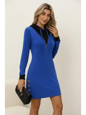 Kadın Uzun Kollu Kapşonlu önden Fermuarlı Düğmeli Mini Iki Iplik Elbise