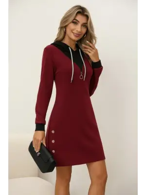 Kadın Uzun Kollu Kapşonlu önden Fermuarlı Düğmeli Mini Iki Iplik Elbise