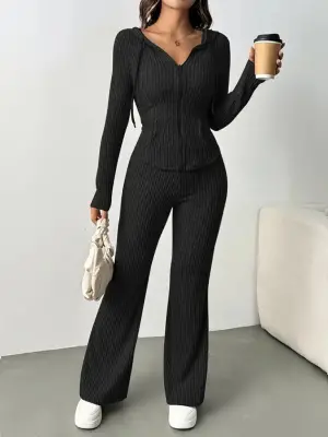 Kadın Uzun Kollu Kapşonlu önden Fermuarlı Kaşkorse Bluz Ve Pantolon Ikili Takım