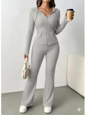 Kadın Uzun Kollu Kapşonlu önden Fermuarlı Kaşkorse Bluz Ve Pantolon Ikili Takım