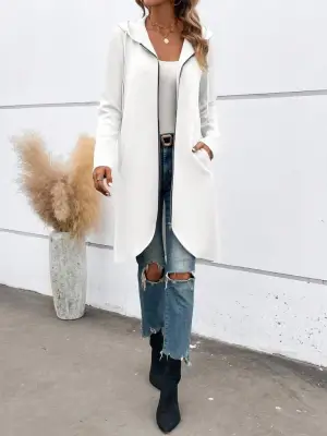 Kadın Uzun Kollu Kapşonlu önden Fermuarlı Midi Dalgıç Ceket