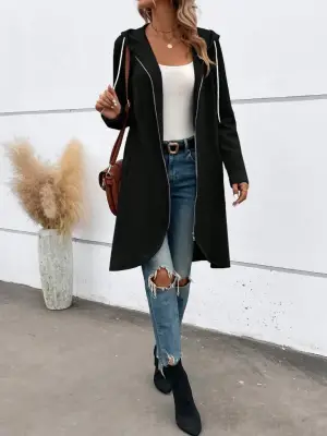 Kadın Uzun Kollu Kapşonlu Önden Fermuarlı Midi Dalgıç Ceket
