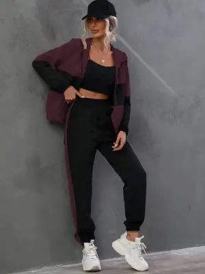 Kadın Uzun Kollu Kapşonlu önden Fermuarlı Viskon Iki Iplik Bluz Ve Pantolon Ikili Takım