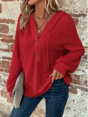 Kadın Uzun Kollu Kapşonlu önü Düğmeli Ve Bağcıklı Waffle Bluz