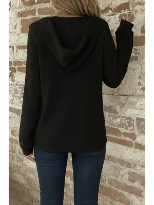 Kadın Uzun Kollu Kapşonlu önü Düğmeli Ve Bağcıklı Waffle Bluz