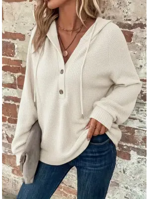 Kadın Uzun Kollu Kapşonlu önü Düğmeli Ve Bağcıklı Waffle Bluz
