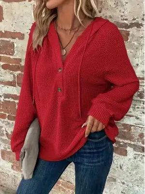 Kadın Uzun Kollu Kapşonlu önü Düğmeli Ve Bağcıklı Waffle Bluz