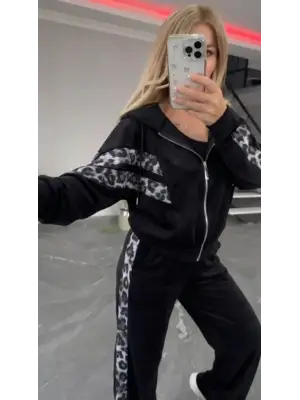 Kadın Uzun Kollu Kapşonlu önü Fermuarlı Leopar Desenli Modal Bluz Ve Pantolon Ikili Takım