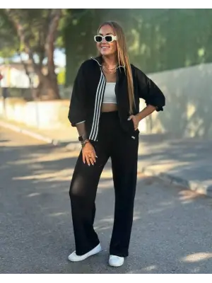 Kadın Uzun Kollu Kapşonlu Onu şerit Detaylı Fermuarlı Viskon Iki Iplik Bluz Ve Pantolon Ikili Takım