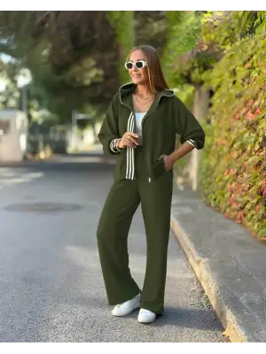 Kadın Uzun Kollu Kapşonlu Onu şerit Detaylı Fermuarlı Viskon Iki Iplik Bluz Ve Pantolon Ikili Takım