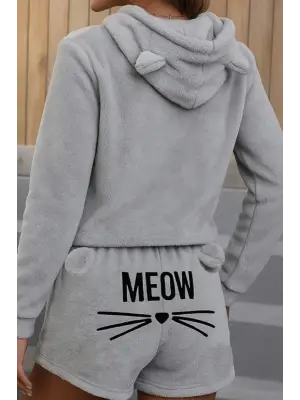 Kadın Uzun Kollu Kapşonlu Peluş Bluz Ve Kısa Short Ikili Takım