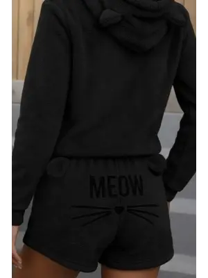 Kadın Uzun Kollu Kapşonlu Peluş Bluz Ve Kısa Short Ikili Takım