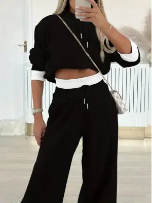 Kadın Uzun Kollu Kapşonlu Viskon Iki Iplik Bluz Ve Pantolon Ikili Takım