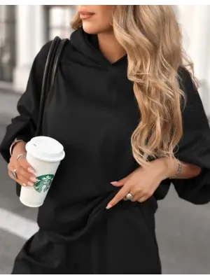 Kadın Uzun Kollu Kapşonlu Viskon Iki Iplik Bluz Ve Pantolon Ikili Takım