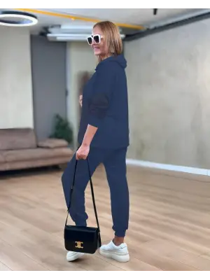 Kadın Uzun Kollu Kapşonlu Viskon Iki Iplik Bluz Ve Pantolon Ikili Takım