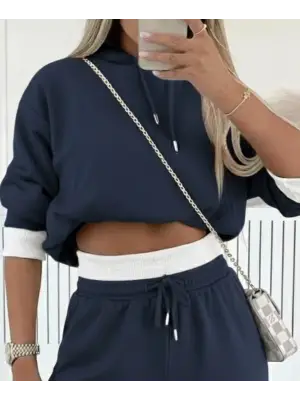 Kadın Uzun Kollu Kapşonlu Viskon Iki Iplik Füme Bluz Ve Pantolon Ikili Takım