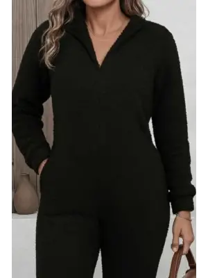 Kadın Uzun Kollu Kapüşonlu Tavşan Kulak Detaylı Peluş Tulum