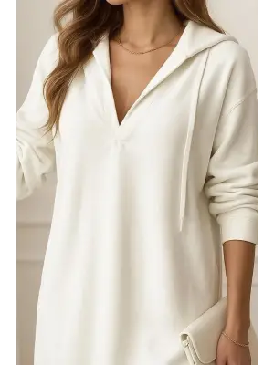 Kadın Uzun Kollu Kapüşonlu Yakası Açık Modal Elbise